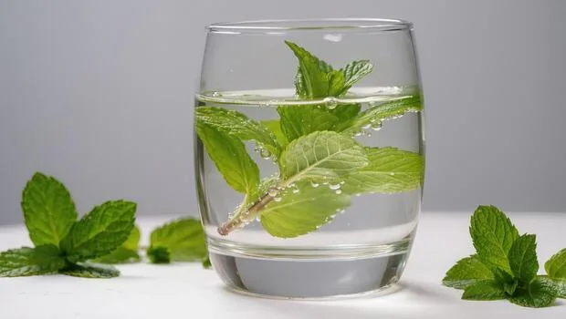 Verre d'eau fraîche avec des feuilles de menthe, pour bien s'hydrater